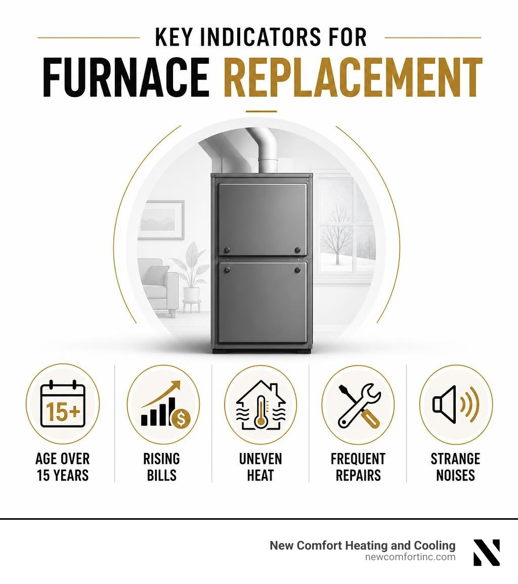 Key indicators for furnace replacement: age over 15 years, rising bills, uneven heat, frequent repairs, strange noises Key indicators for furnace replacement: age over 15 years, rising bills, uneven heat, frequent repairs, strange noises