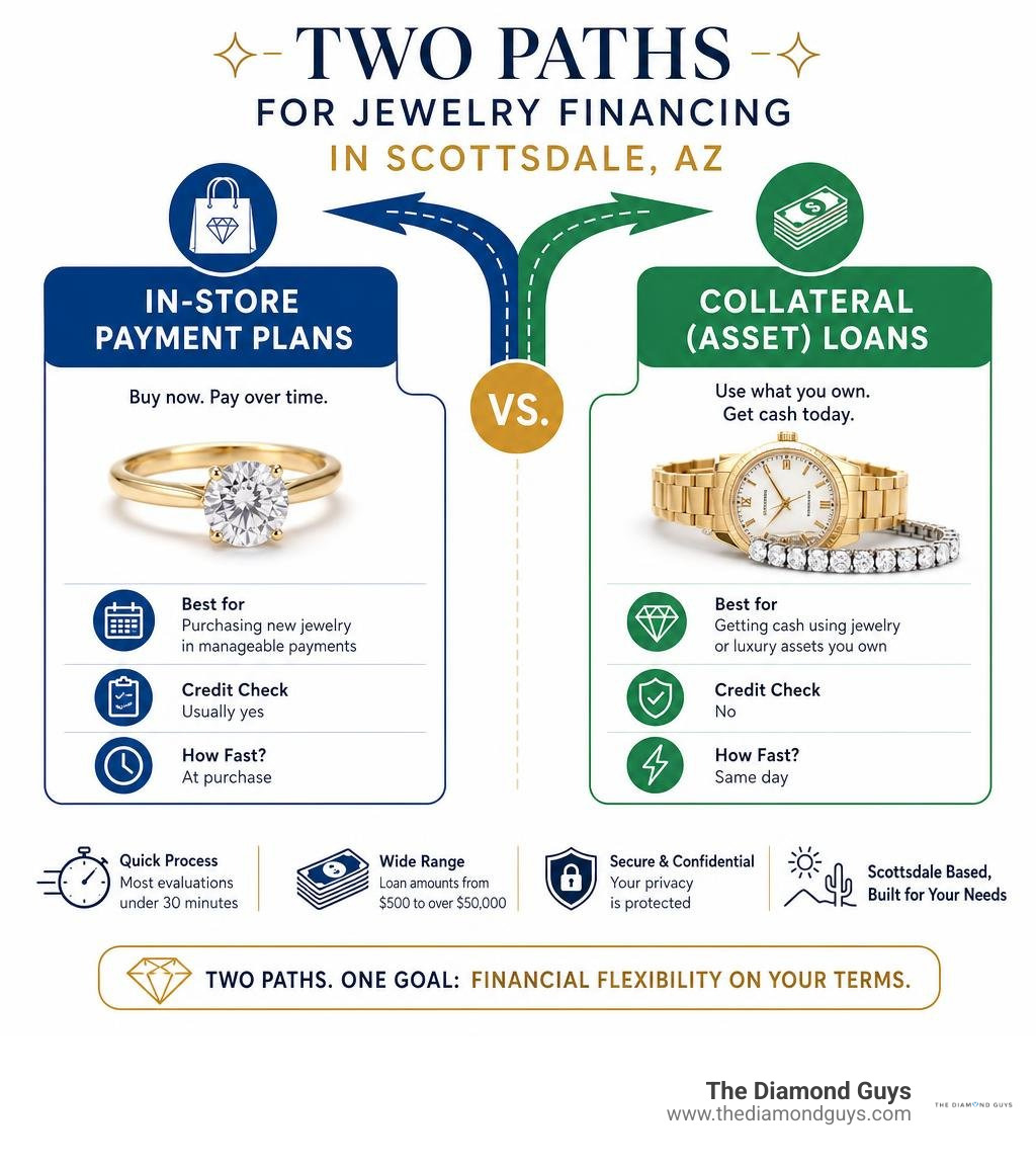 Two paths for jewelry financing in Scottsdale AZ: store payment plans vs. collateral loans comparison infographic Two paths for jewelry financing in Scottsdale AZ: store payment plans vs. collateral loans comparison infographic