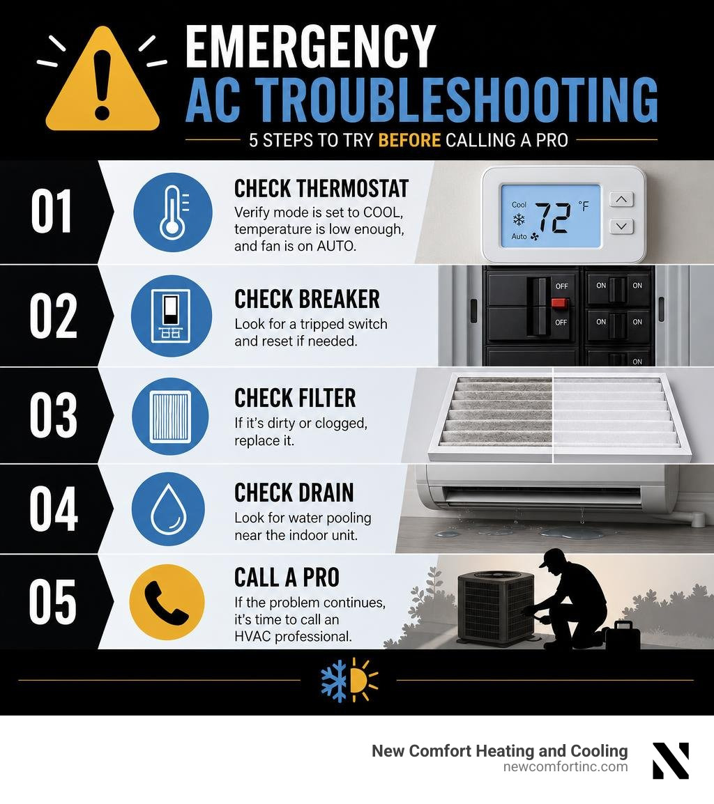 Emergency AC troubleshooting steps infographic: check thermostat, breaker, filter, drain, then call a pro infographic