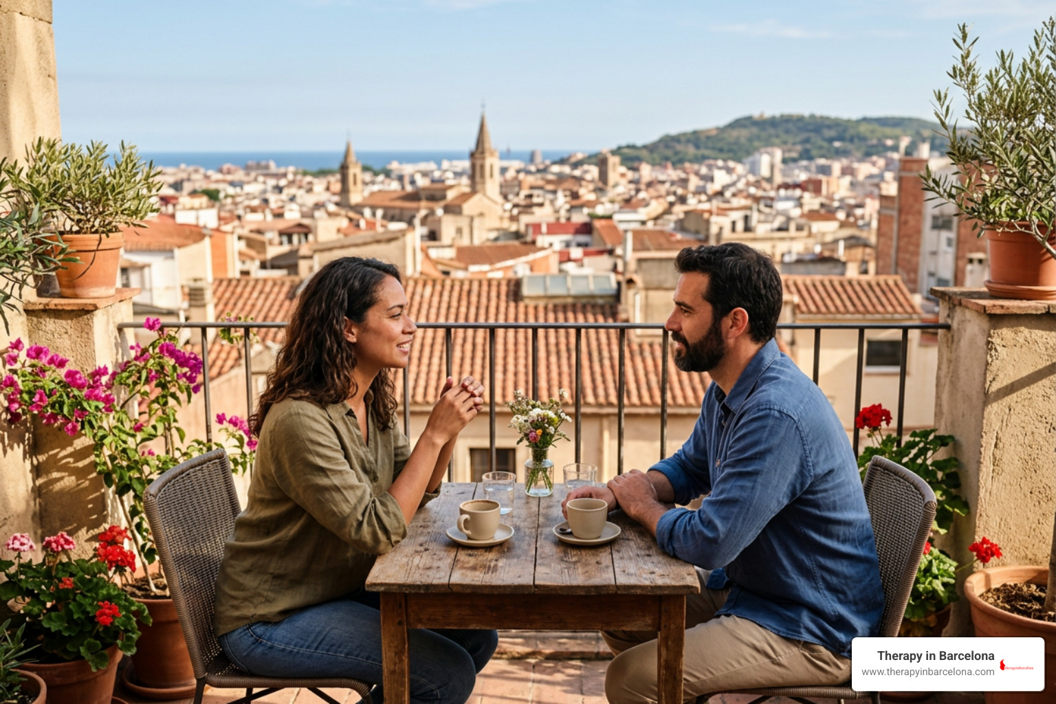 couple having a calm, open conversation on a terrace in Spain, restoring intimacy couple having a calm, open conversation on a terrace in Spain, restoring intimacy