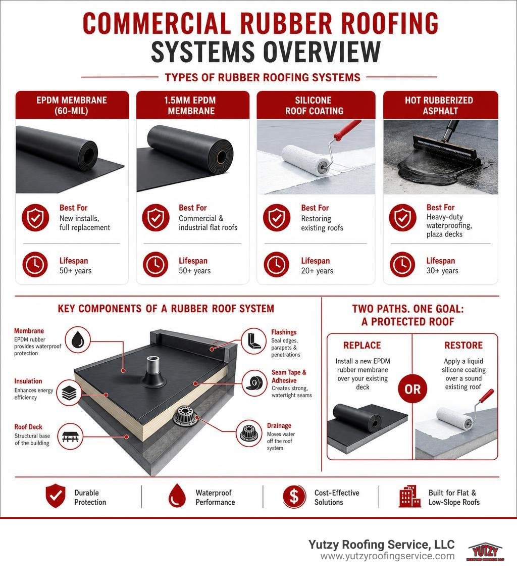 Key components and types of commercial rubber roofing systems overview infographic Key components and types of commercial rubber roofing systems overview infographic