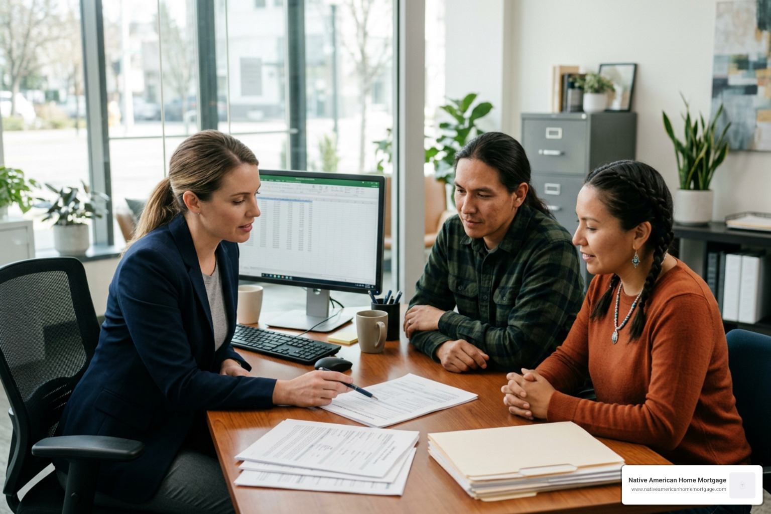 Mortgage loan officer reviewing documentation with Native American home buyers Mortgage loan officer reviewing documentation with Native American home buyers