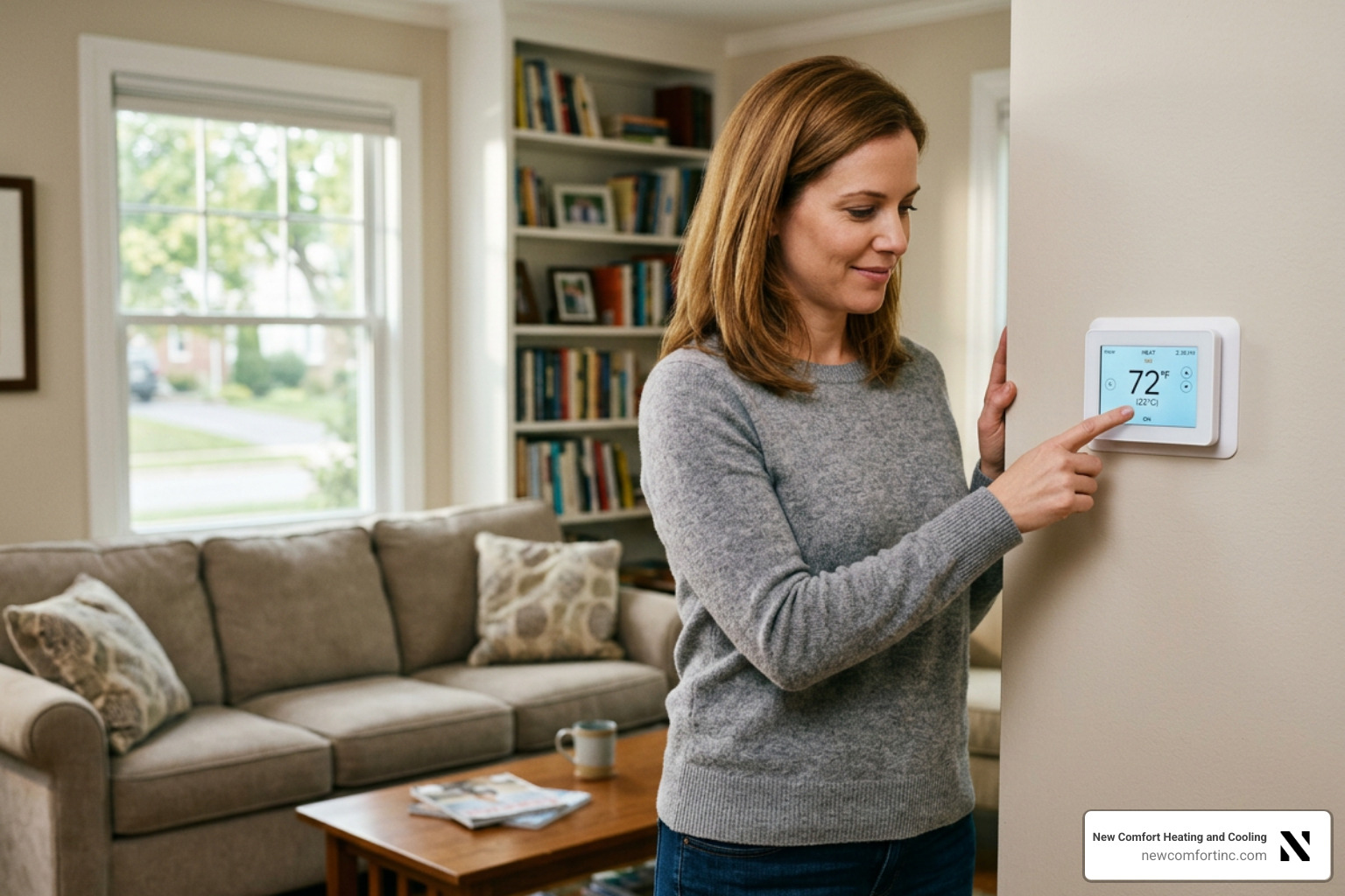 homeowner verifying thermostat settings during AC troubleshooting