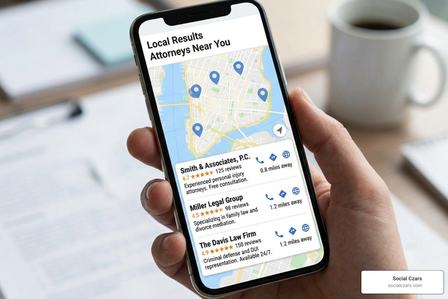 Google Map Pack showing top three local attorney listings with reviews and location pins