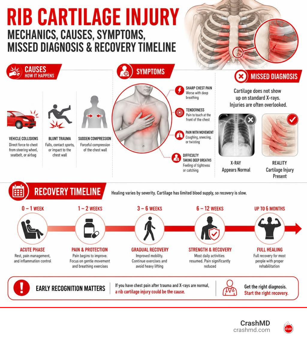 Rib cartilage injury mechanics: causes, symptoms, missed diagnosis, and recovery timeline infographic