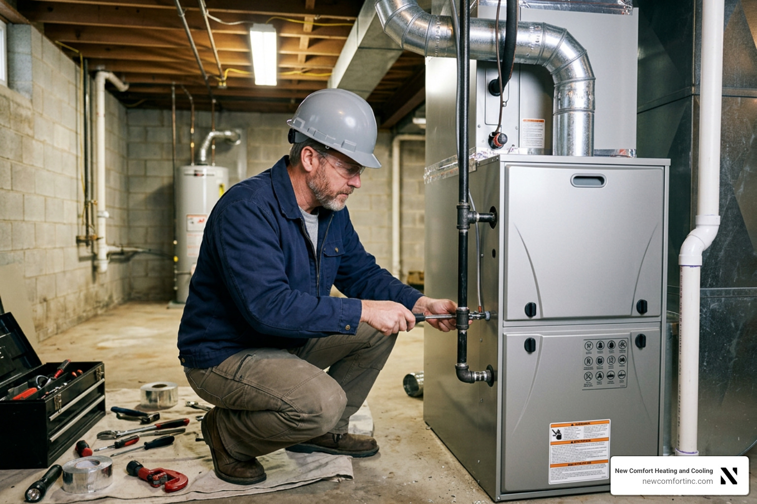 HVAC technician installing a high-efficiency furnace in a basement HVAC technician installing a high-efficiency furnace in a basement