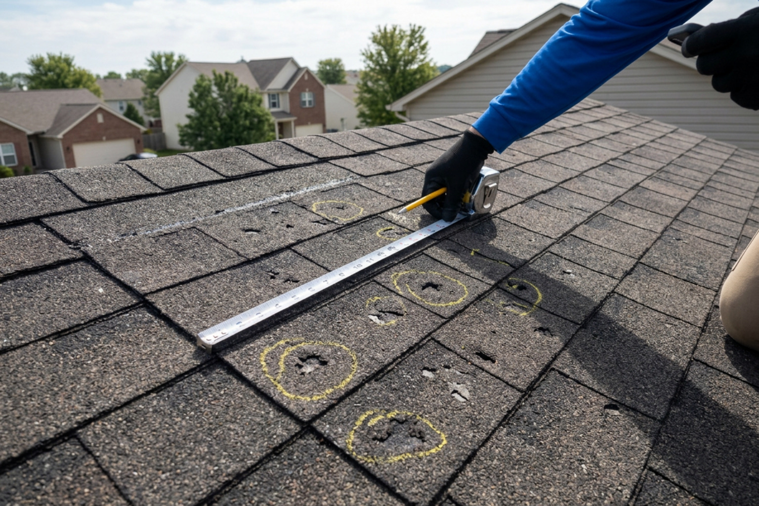 Insurance adjuster inspecting hail impact marks on a roof test square Insurance adjuster inspecting hail impact marks on a roof test square