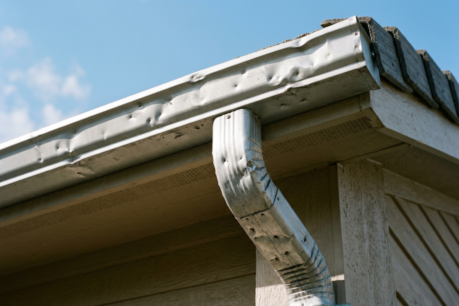 Close-up of ground-level hail impact dents on aluminum downspouts and metal trim Close-up of ground-level hail impact dents on aluminum downspouts and metal trim