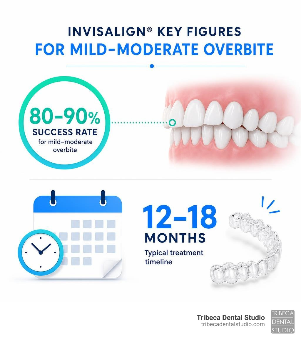 Stat showing Invisalign key figures: 80-90% success rate for mild-moderate overbite, 12-18 month timeline infographic Stat showing Invisalign key figures: 80-90% success rate for mild-moderate overbite, 12-18 month timeline infographic