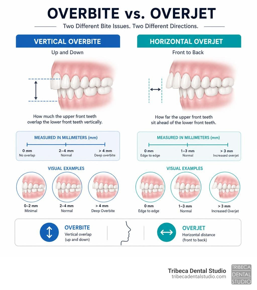 Infographic comparing vertical overbite vs horizontal overjet with measurements and visual examples infographic Infographic comparing vertical overbite vs horizontal overjet with measurements and visual examples infographic