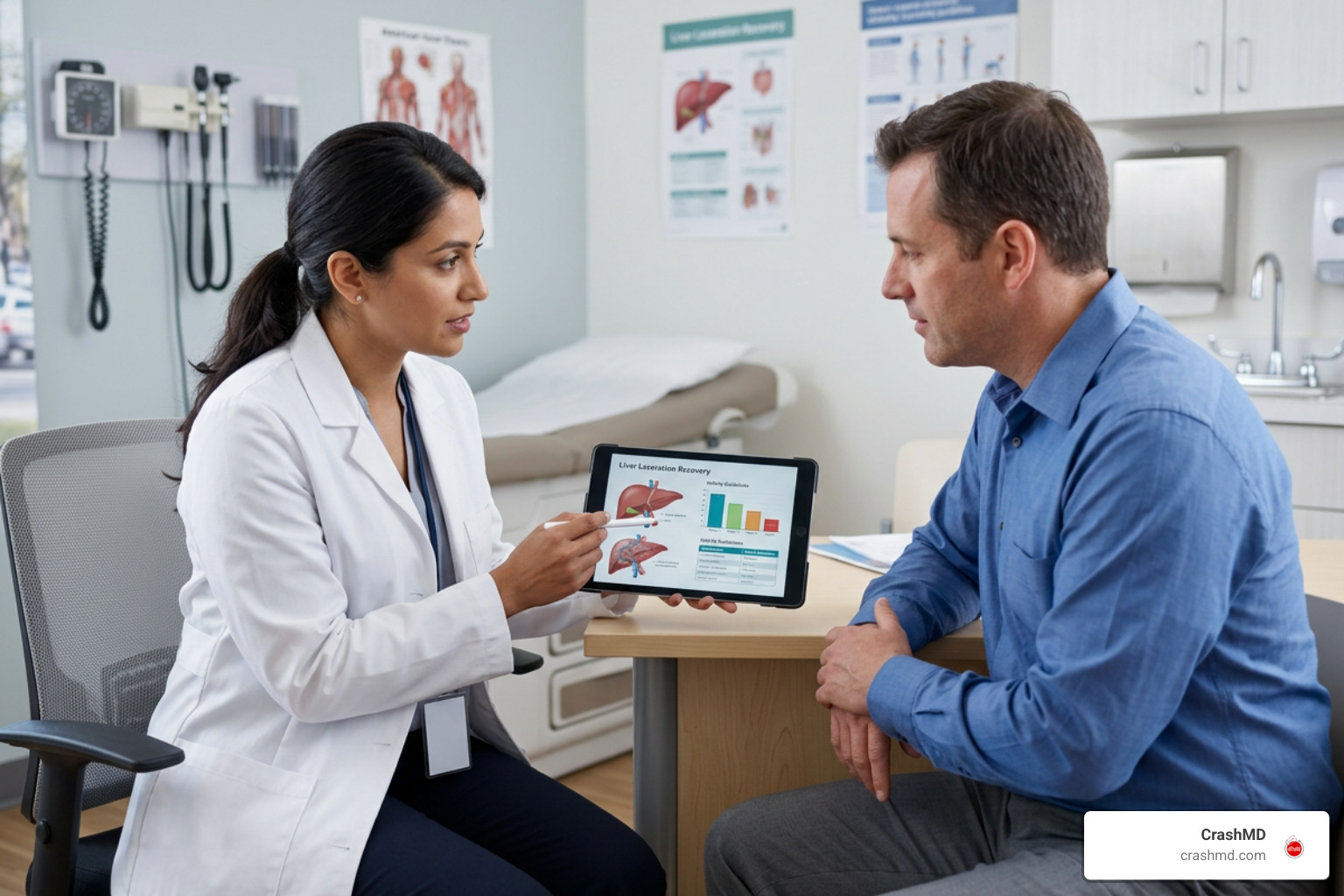 Patient in consultation discussing recovery milestones and activity restrictions with a physician
