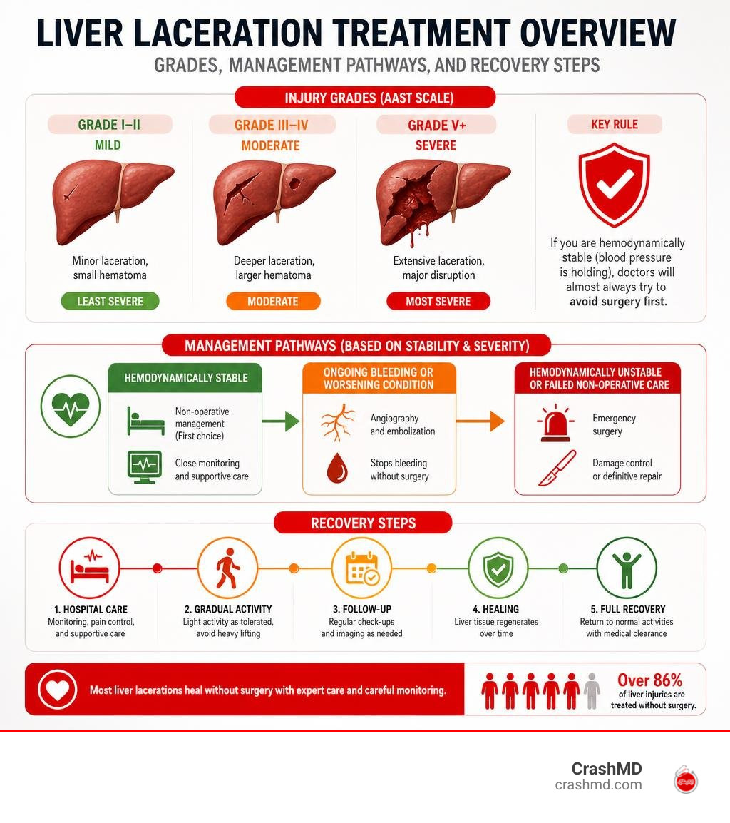 Liver laceration treatment overview: grades, management pathways, and recovery steps infographic