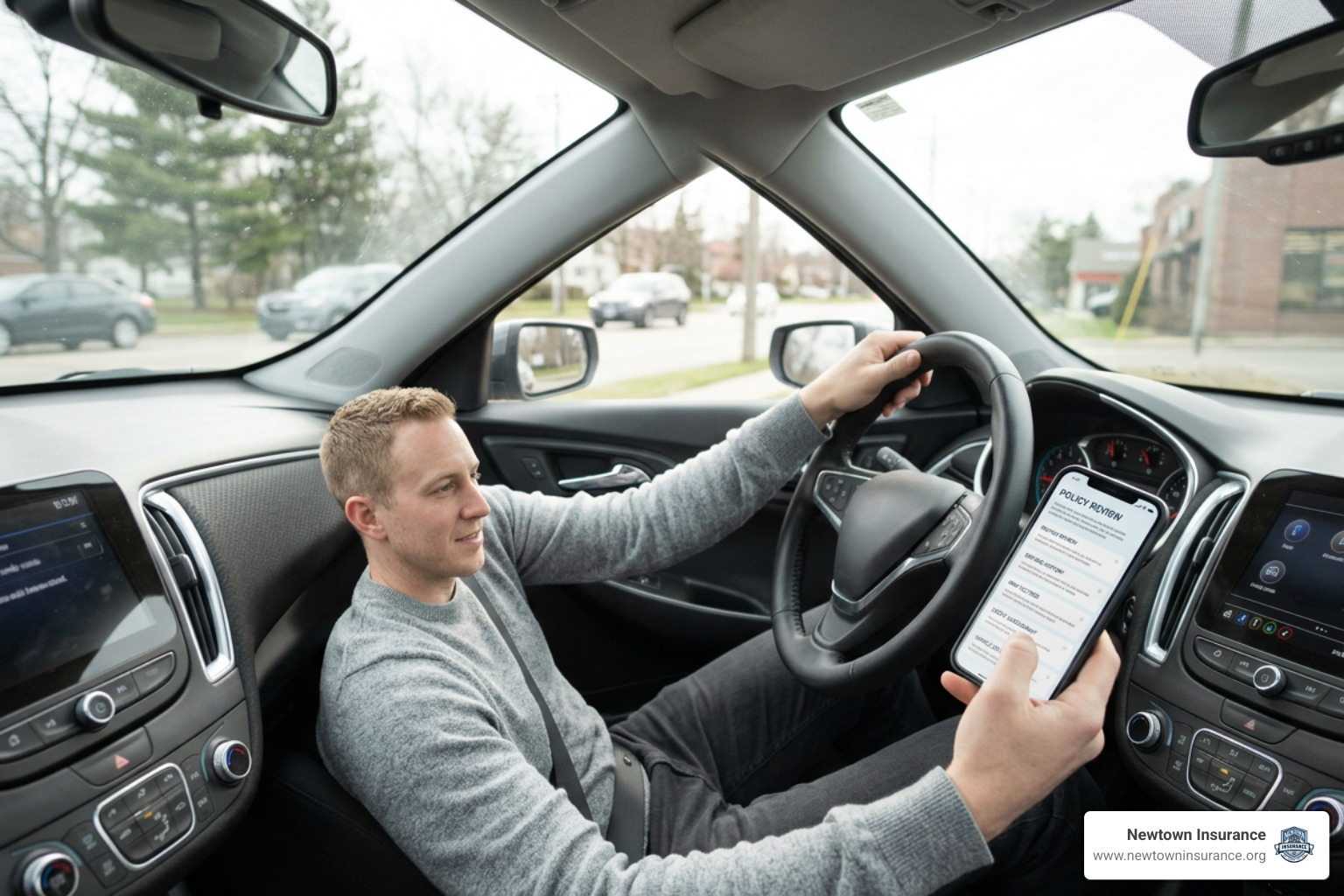 Driver examining auto insurance rate factors and policy details