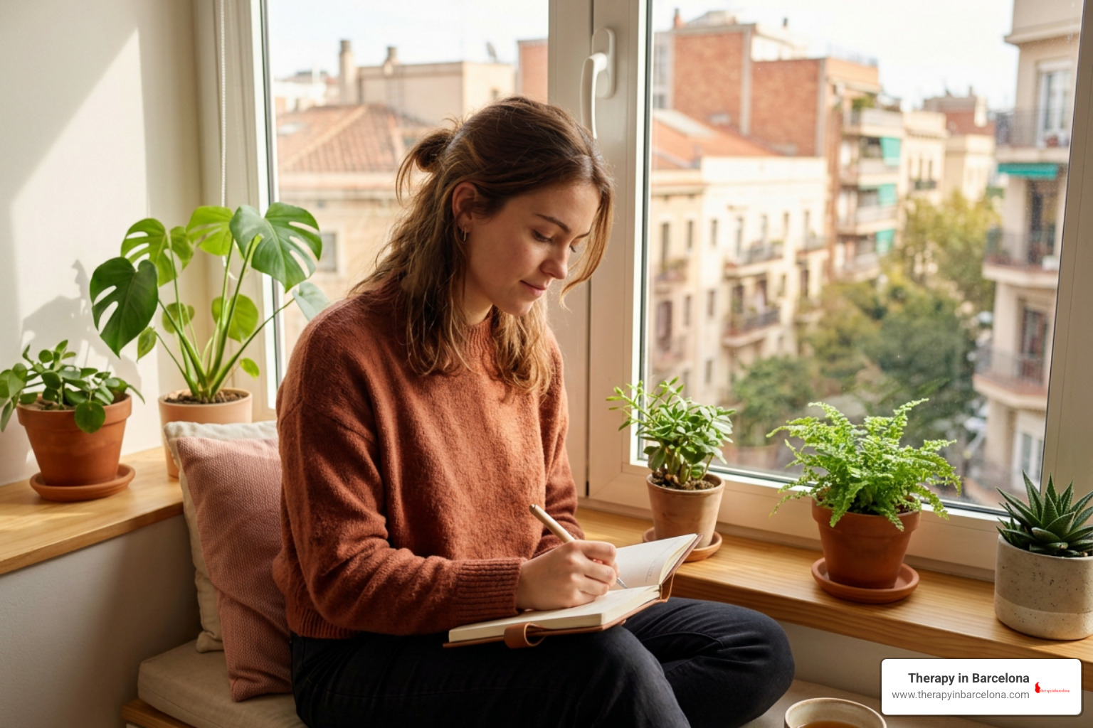 international student journaling near a window in Madrid