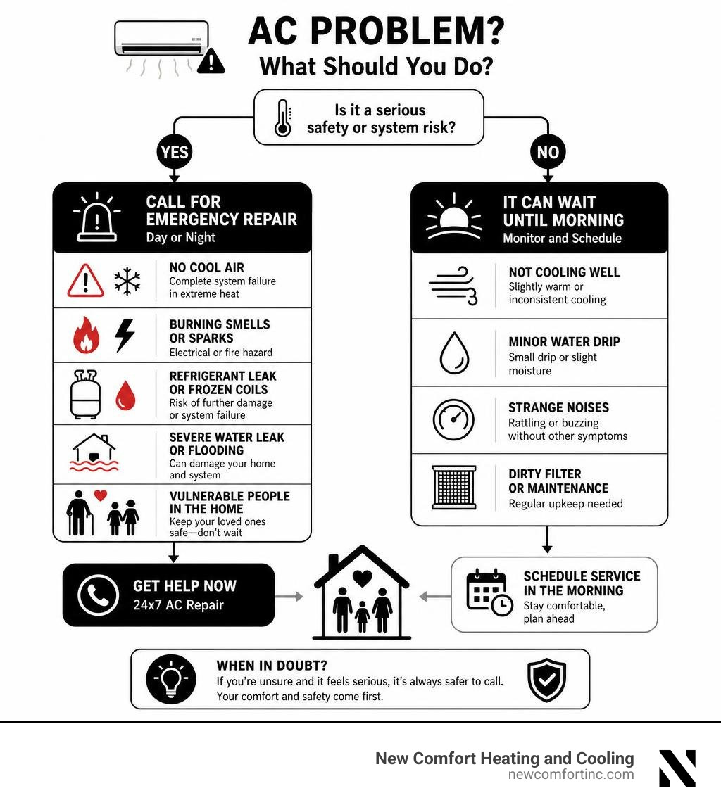 Flowchart showing when an AC issue requires emergency response vs. waiting until morning infographic