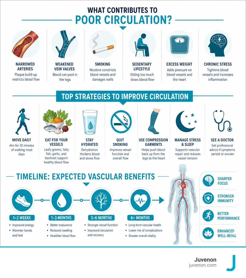 Infographic showing key causes of poor circulation, top improvement strategies, and timeline of expected vascular benefits