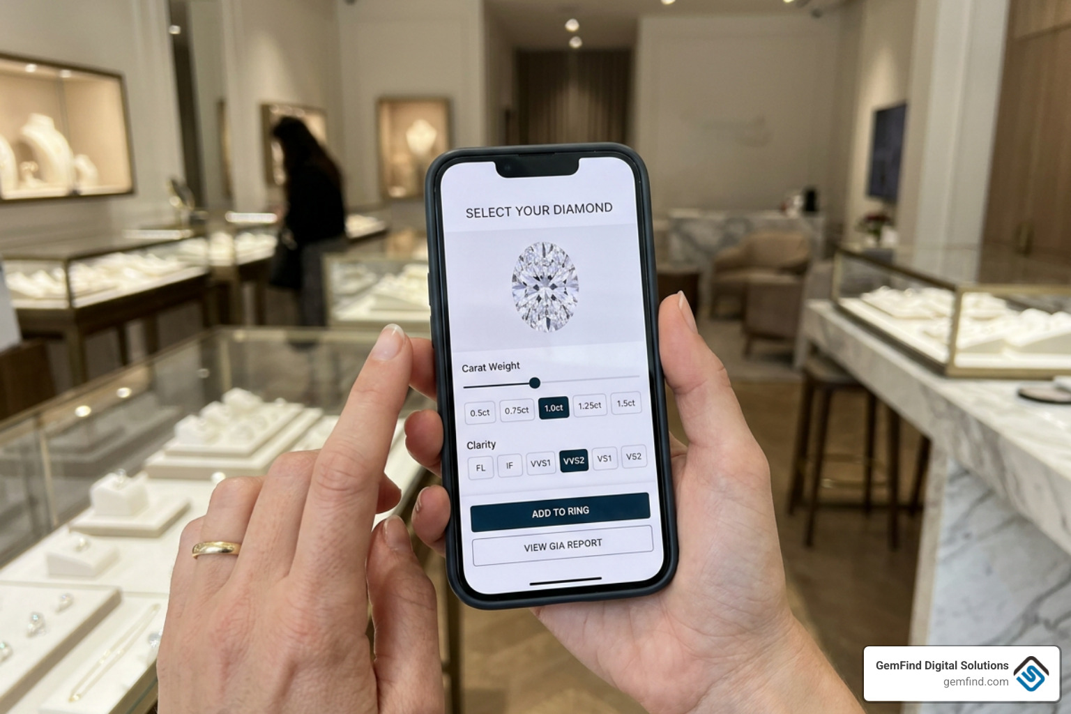 Custom ring builder tool interface on mobile screen showing diamond selection