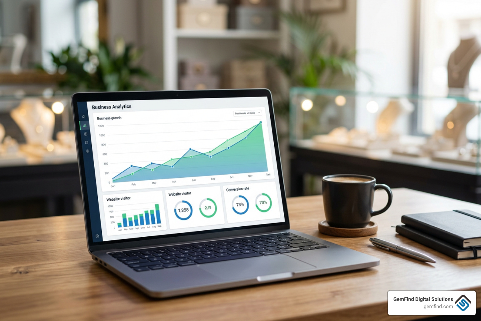 Jewelry store analytics dashboard showing revenue growth and increased website traffic