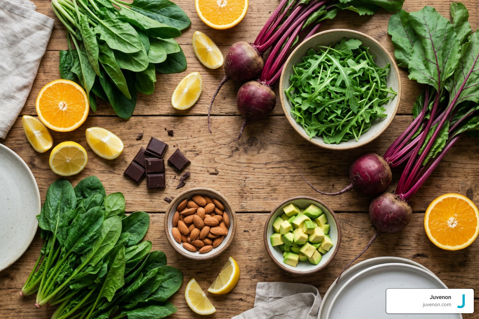 Assortment of nitrate-rich vegetables, dark chocolate, citrus, and healthy fats supporting blood flow