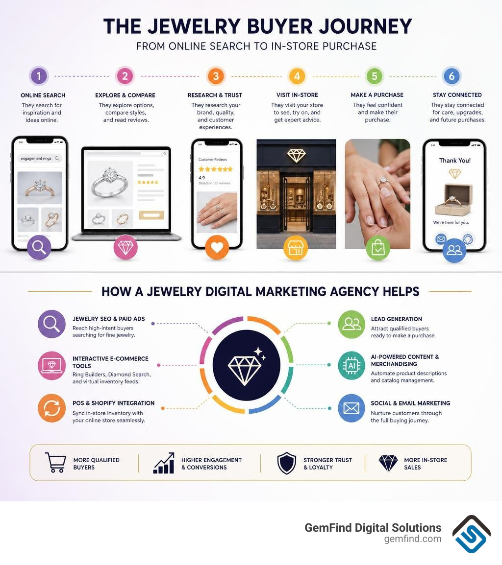 Infographic showing jewelry buyer customer journey from online search to in-store purchase and key agency services