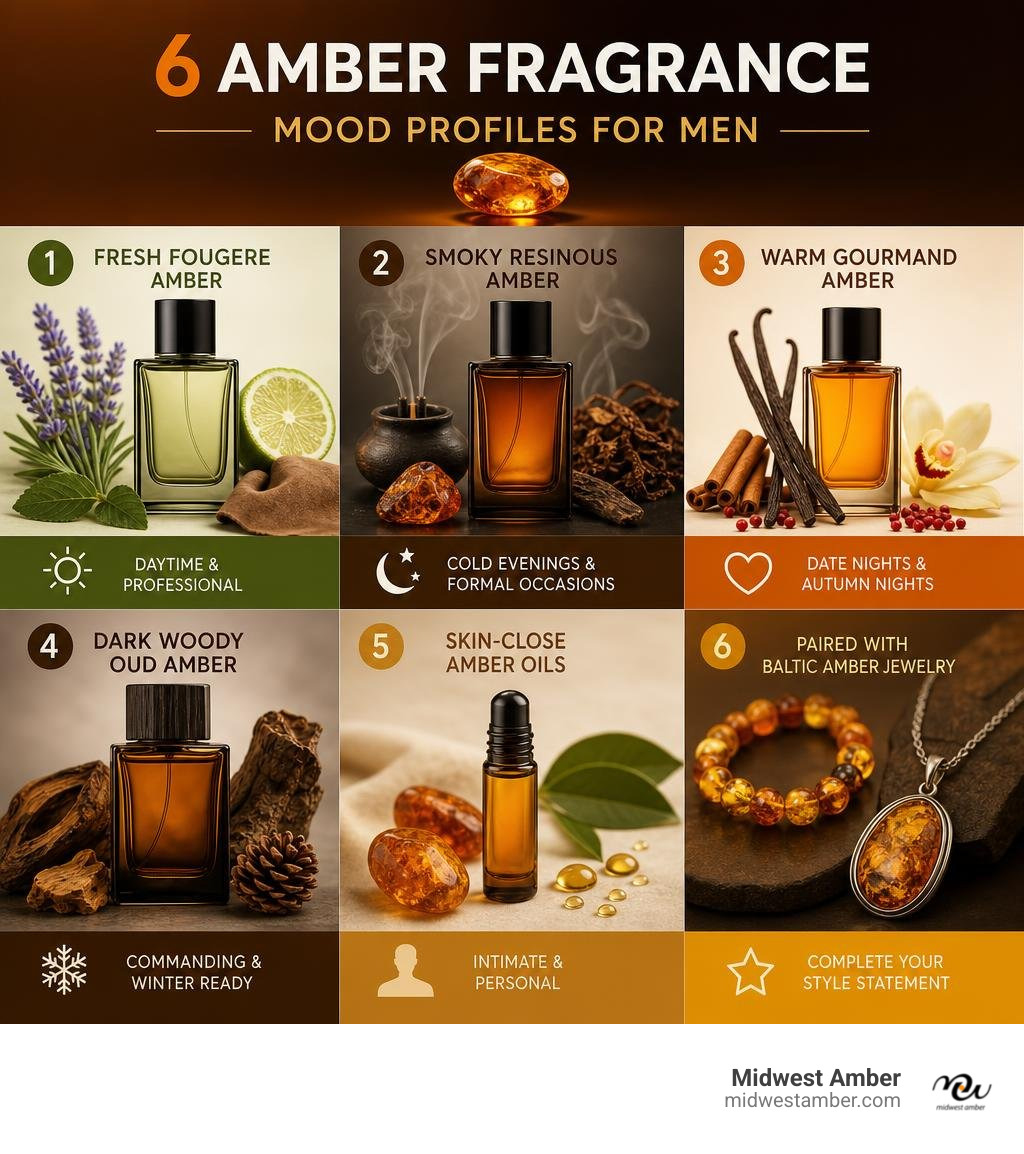 amber fragrance mood profiles infographic for men showing 6 scent styles infographic