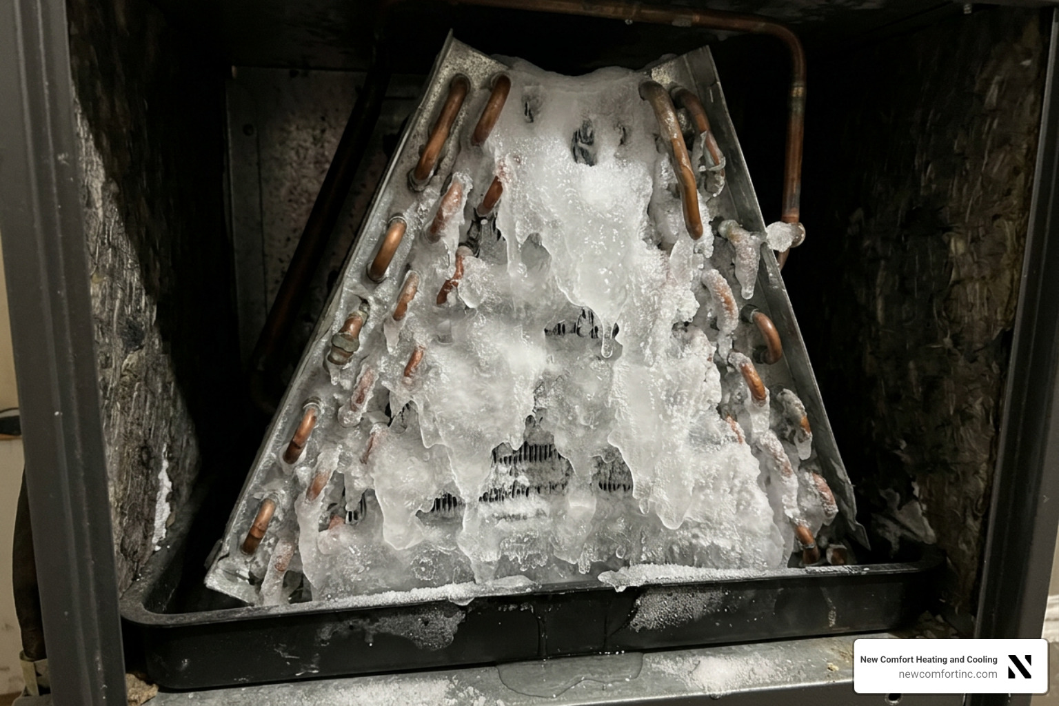 frozen HVAC evaporator coil covered in ice