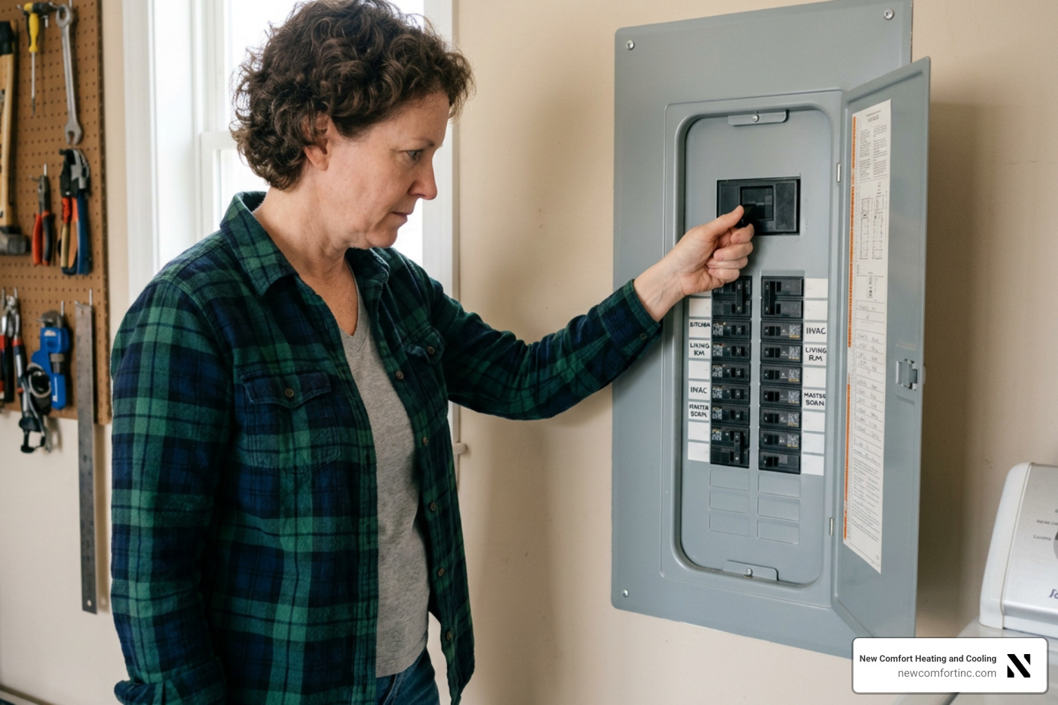 homeowner safely switching off home breaker box