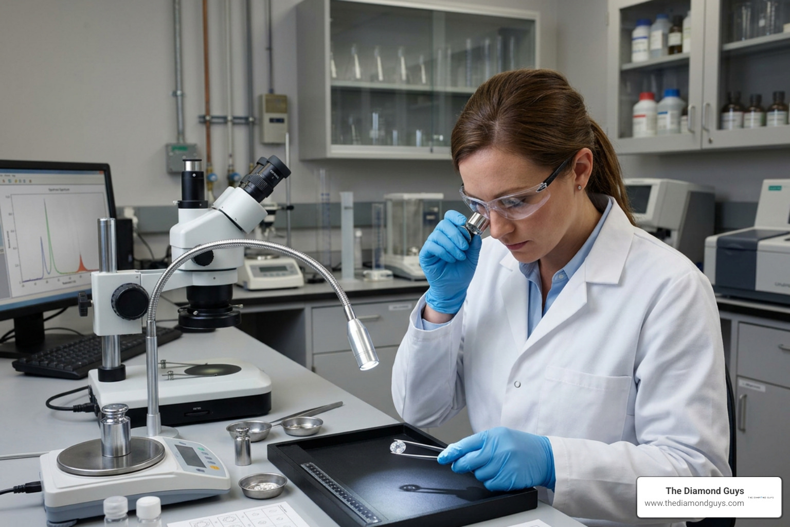 Gemologist evaluating a cultured diamond under high magnification in a laboratory setting Gemologist evaluating a cultured diamond under high magnification in a laboratory setting