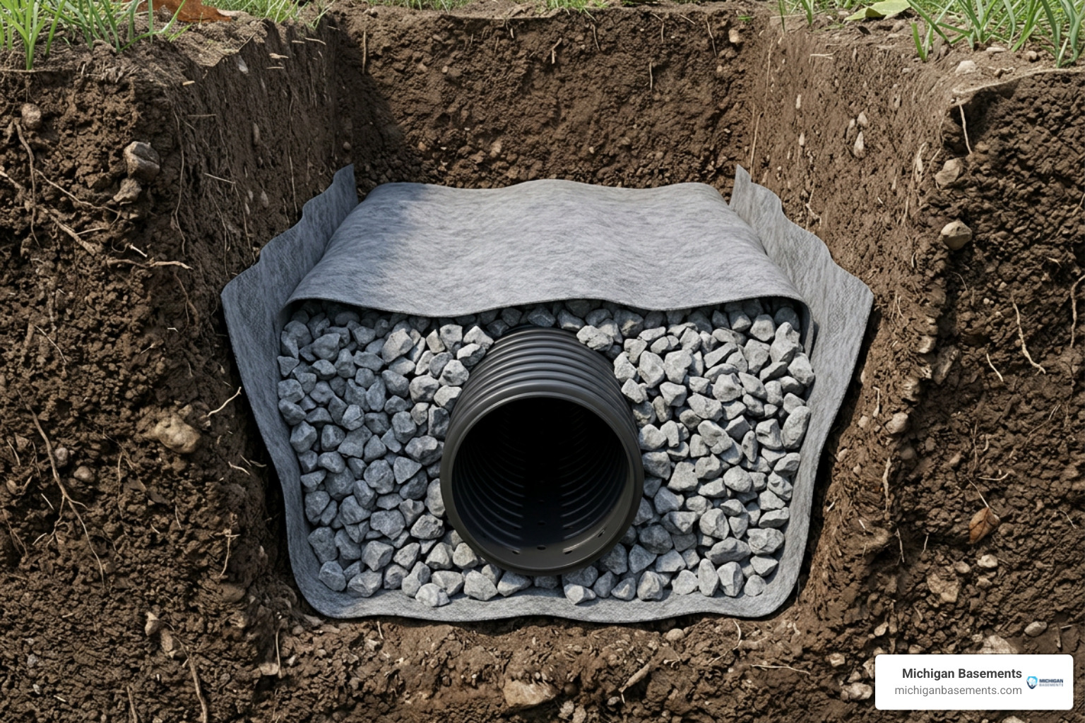 geotextile fabric lined trench wrapped over aggregate envelope