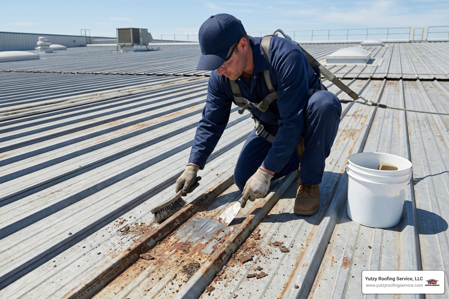 surface cleaning and prep on a commercial metal roof panel before caulking surface cleaning and prep on a commercial metal roof panel before caulking
