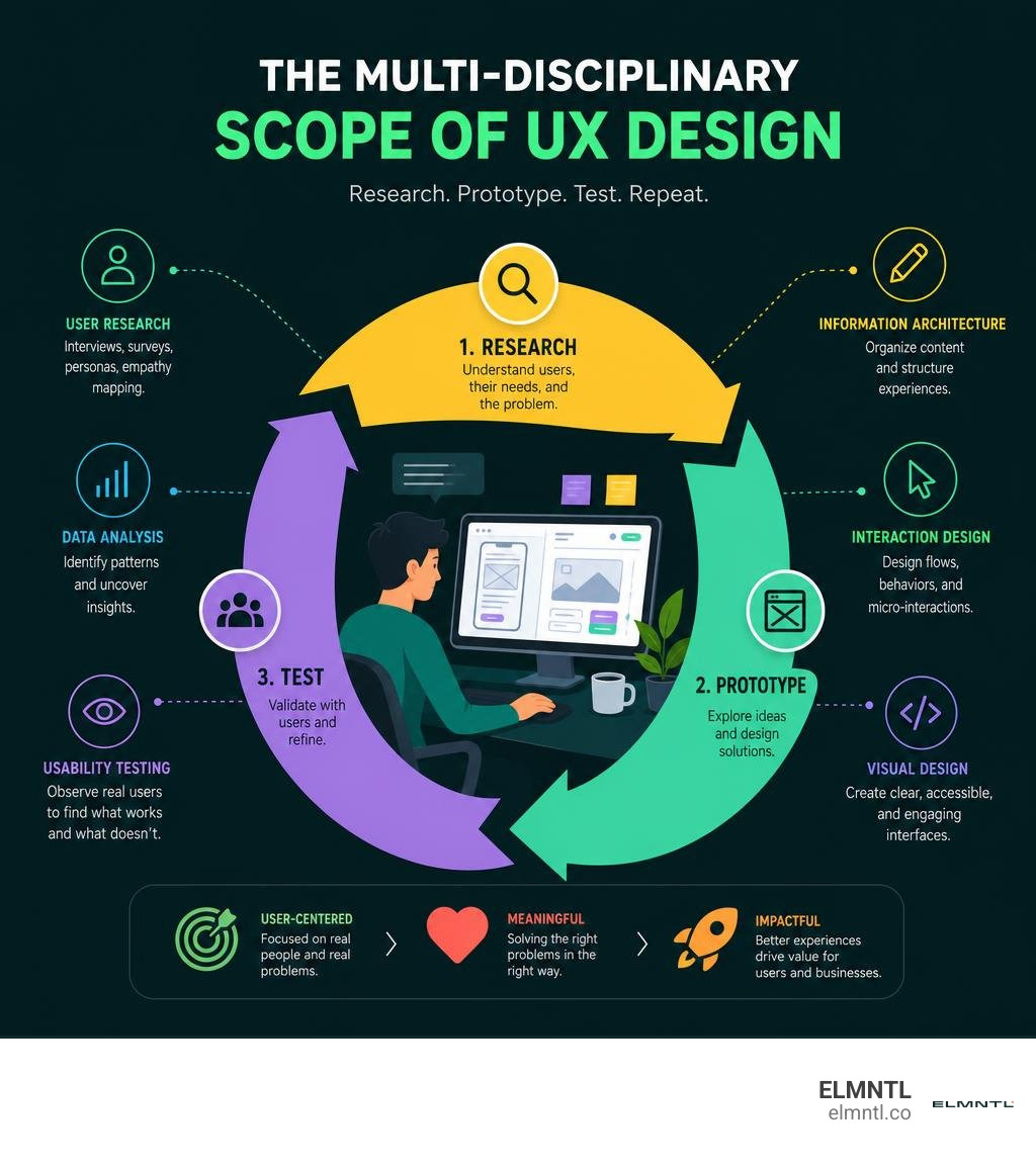 Infographic showing the multi-disciplinary scope of UX design including research, prototyping, and testing infographic Infographic showing the multi-disciplinary scope of UX design including research, prototyping, and testing infographic