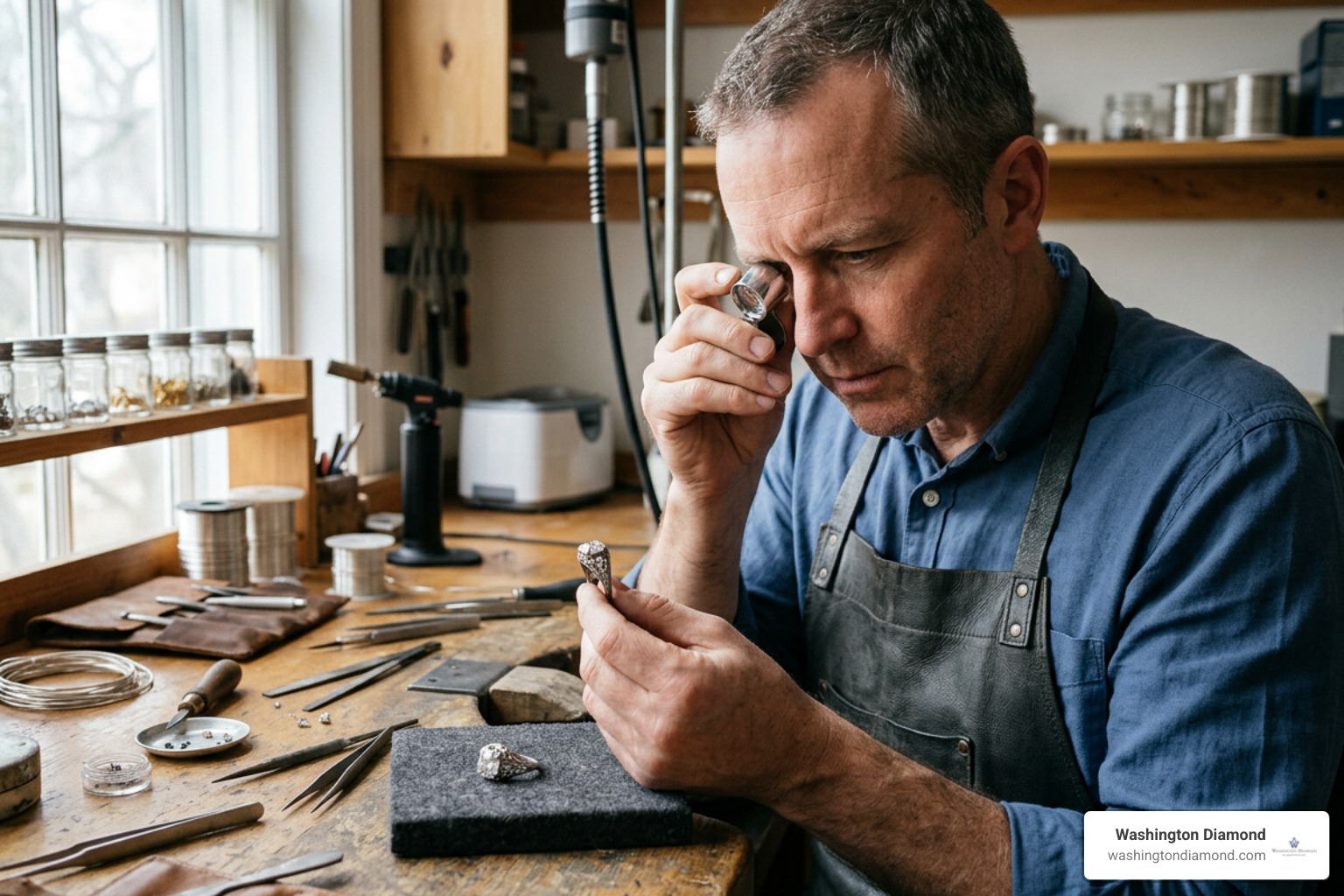 Jeweler examining an authentic vintage setting with a loupe Jeweler examining an authentic vintage setting with a loupe