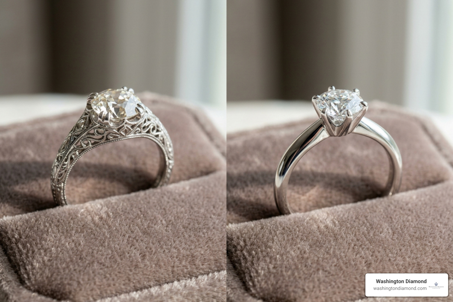 Side-by-side comparison between vintage filigree and modern minimalist ring Side-by-side comparison between vintage filigree and modern minimalist ring