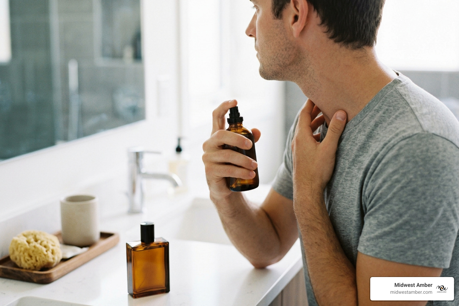 applying amber cologne to pulse points on neck and wrist