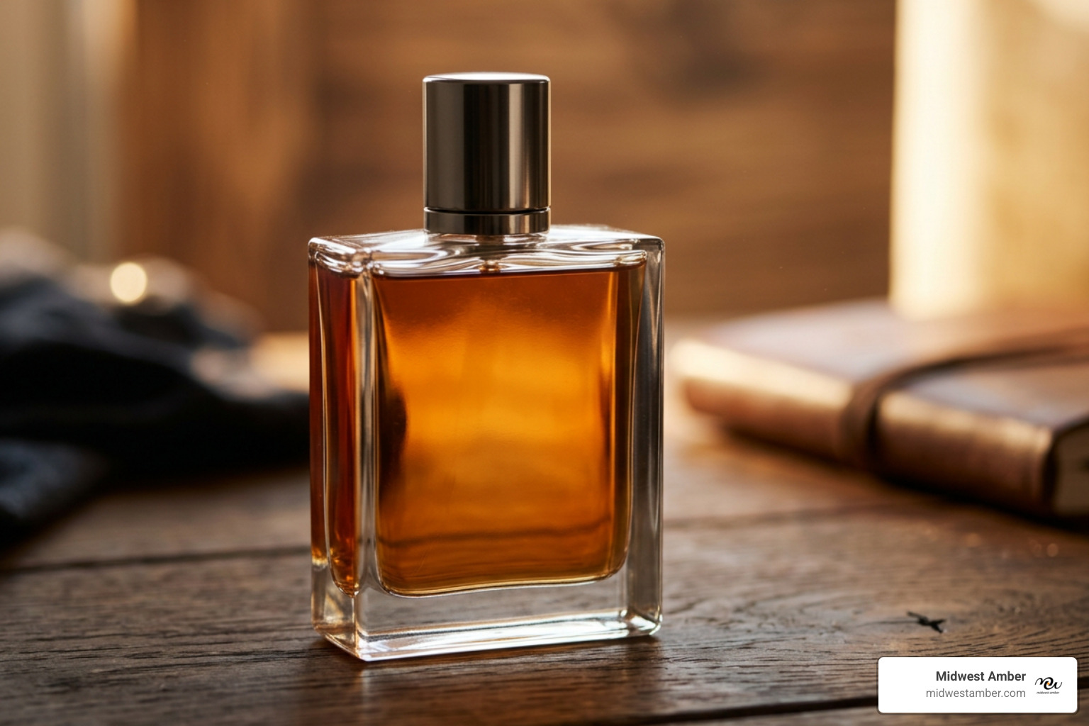 amber fragrance bottle warm golden lighting