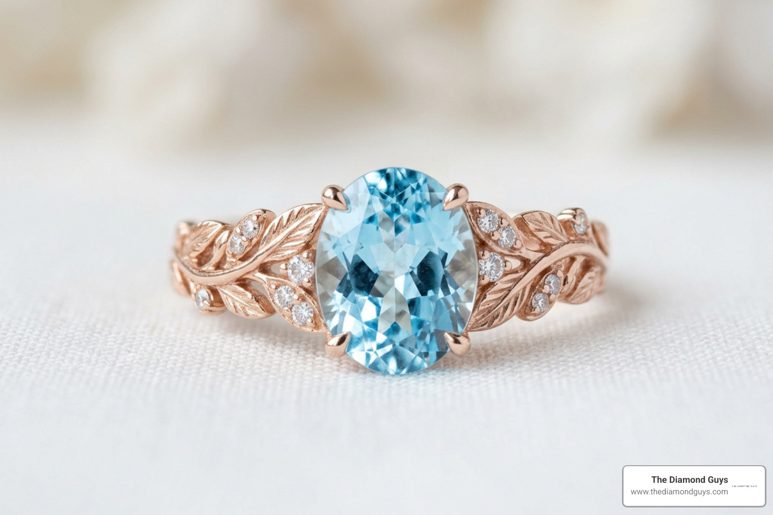 Custom leafy botanical aquamarine ring with moissanite side stones