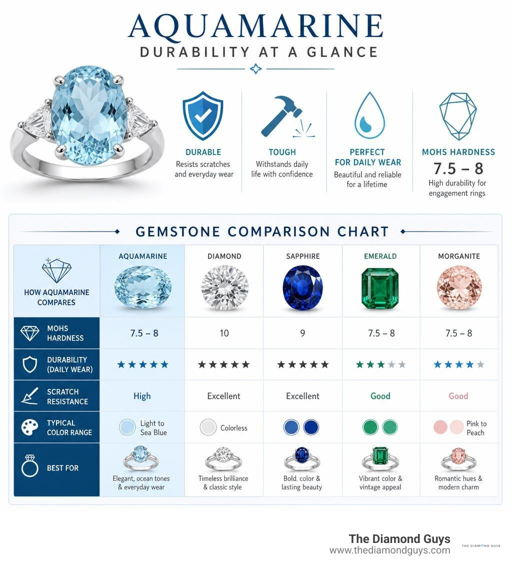 Aquamarine durability and gemstone comparison chart infographic
