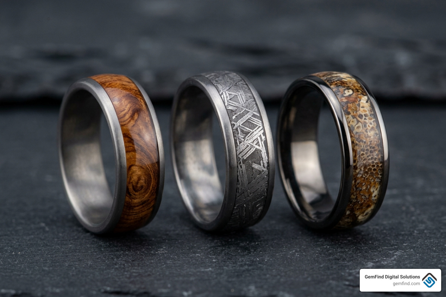 custom alternative ring inlays featuring wood meteorite and dinosaur bone custom alternative ring inlays featuring wood meteorite and dinosaur bone