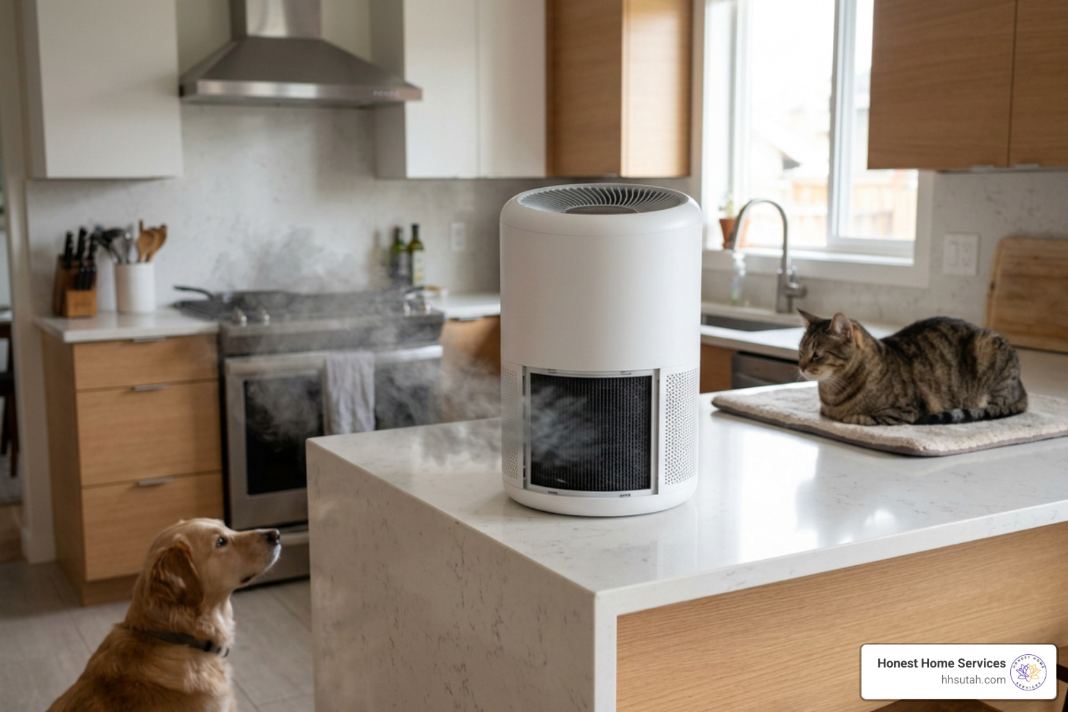 Air purifier with charcoal filter removing thick kitchen cooking smoke and pet odors Air purifier with charcoal filter removing thick kitchen cooking smoke and pet odors