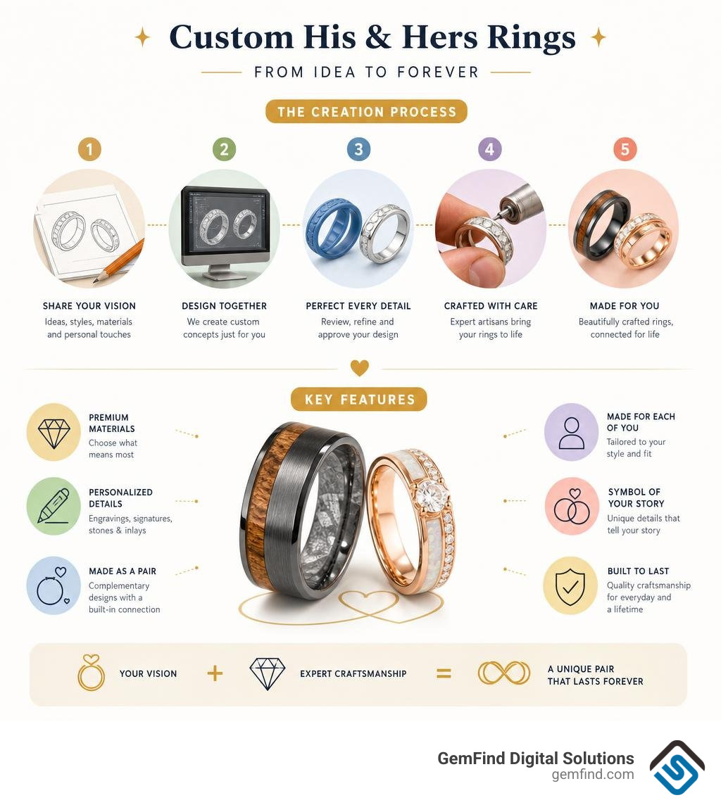 Step-by-step overview of custom his and hers ring creation process and key features infographic Step-by-step overview of custom his and hers ring creation process and key features infographic