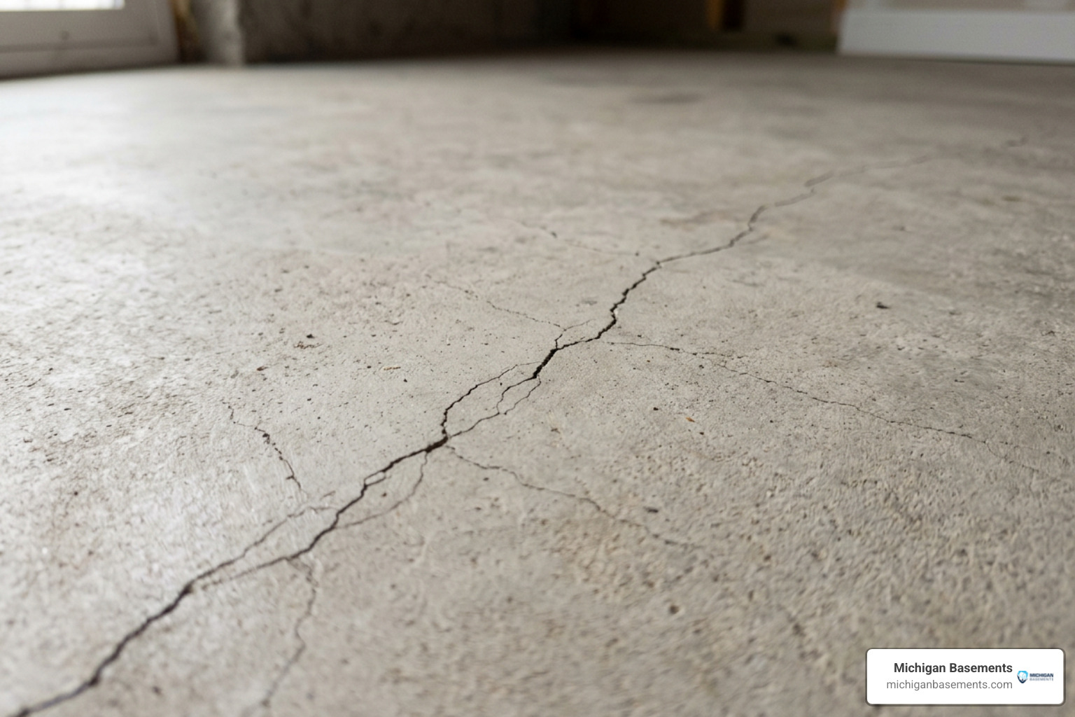 hairline concrete shrinkage crack in a basement floor slab
