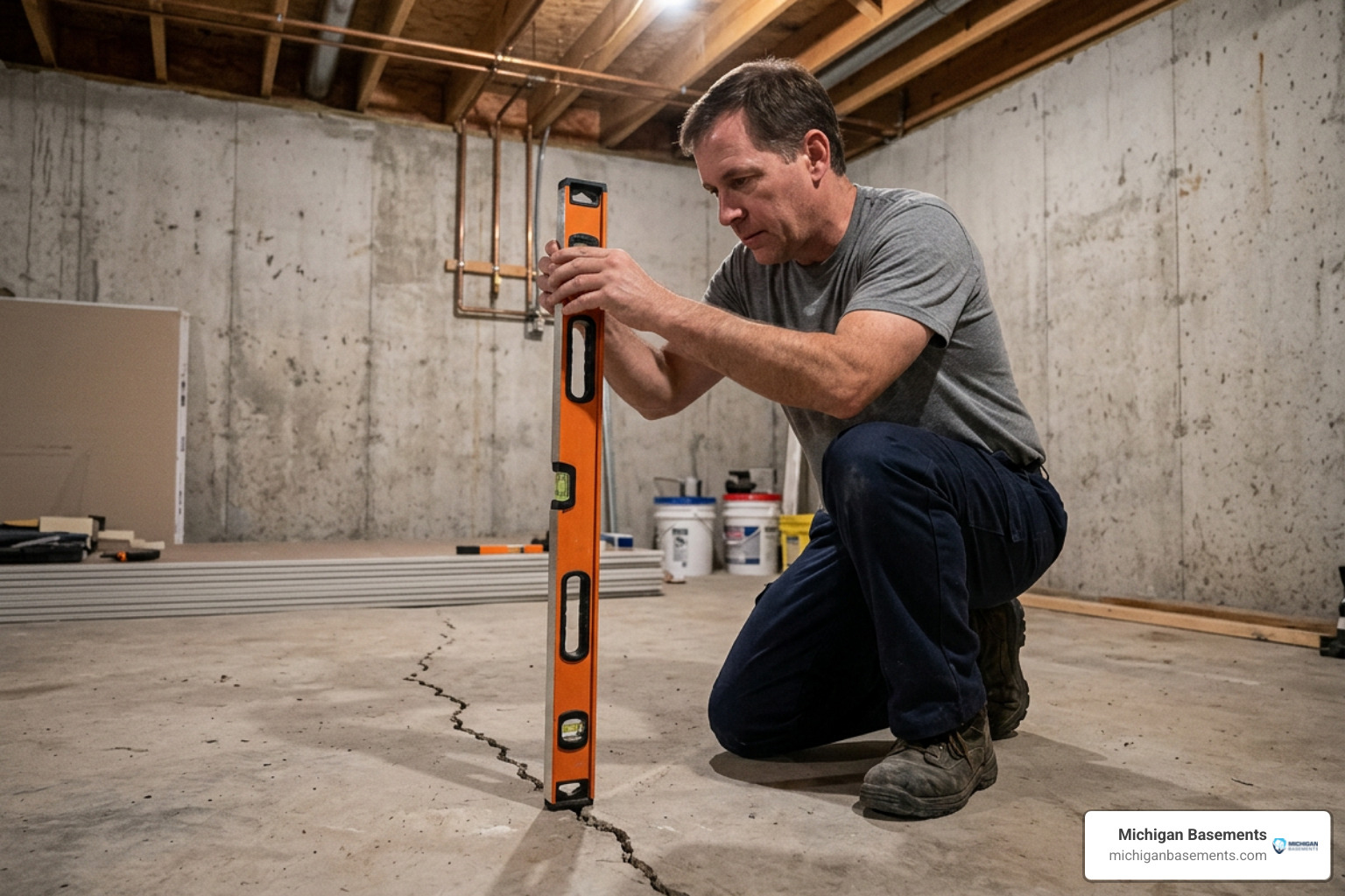 technician measuring vertical offset on a basement floor crack using a level