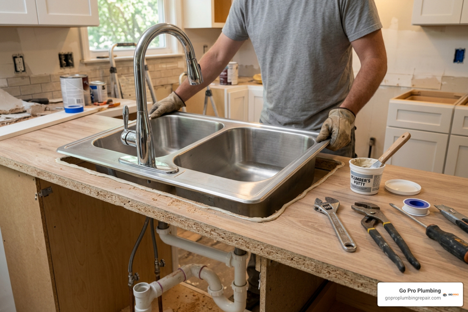 Installing a drop-in stainless steel kitchen sink on a countertop