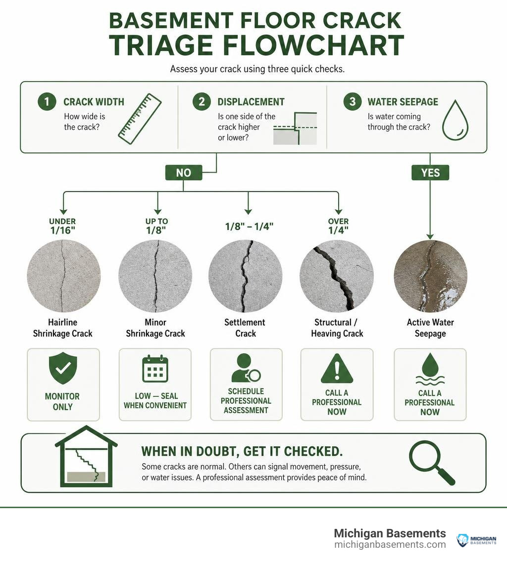 basement floor crack triage flowchart showing crack width, displacement, and water seepage decision paths infographic