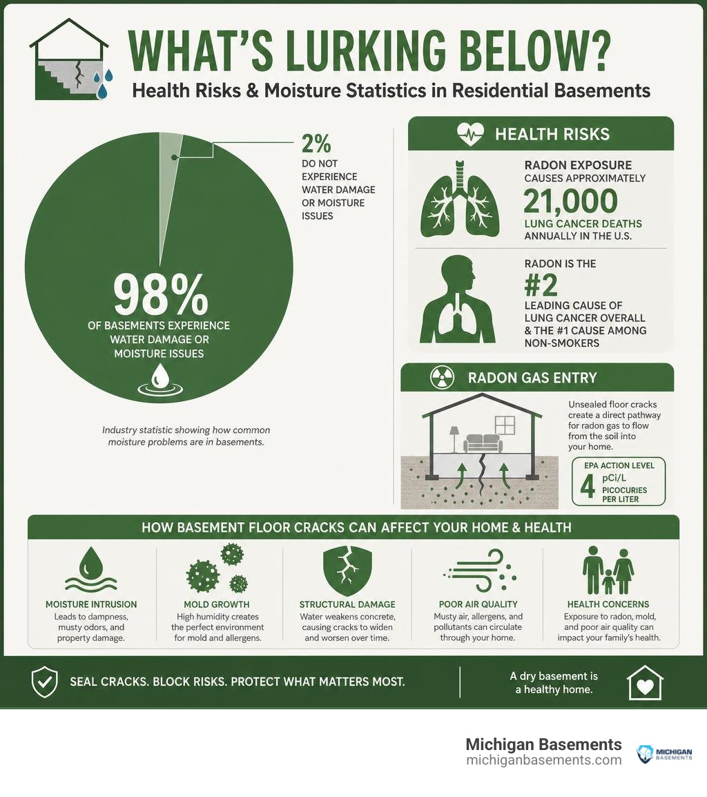 pie chart illustrating health risks and moisture statistics in residential basements infographic