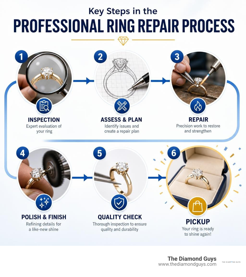 Key steps in the professional ring repair process from inspection to pickup infographic Key steps in the professional ring repair process from inspection to pickup infographic