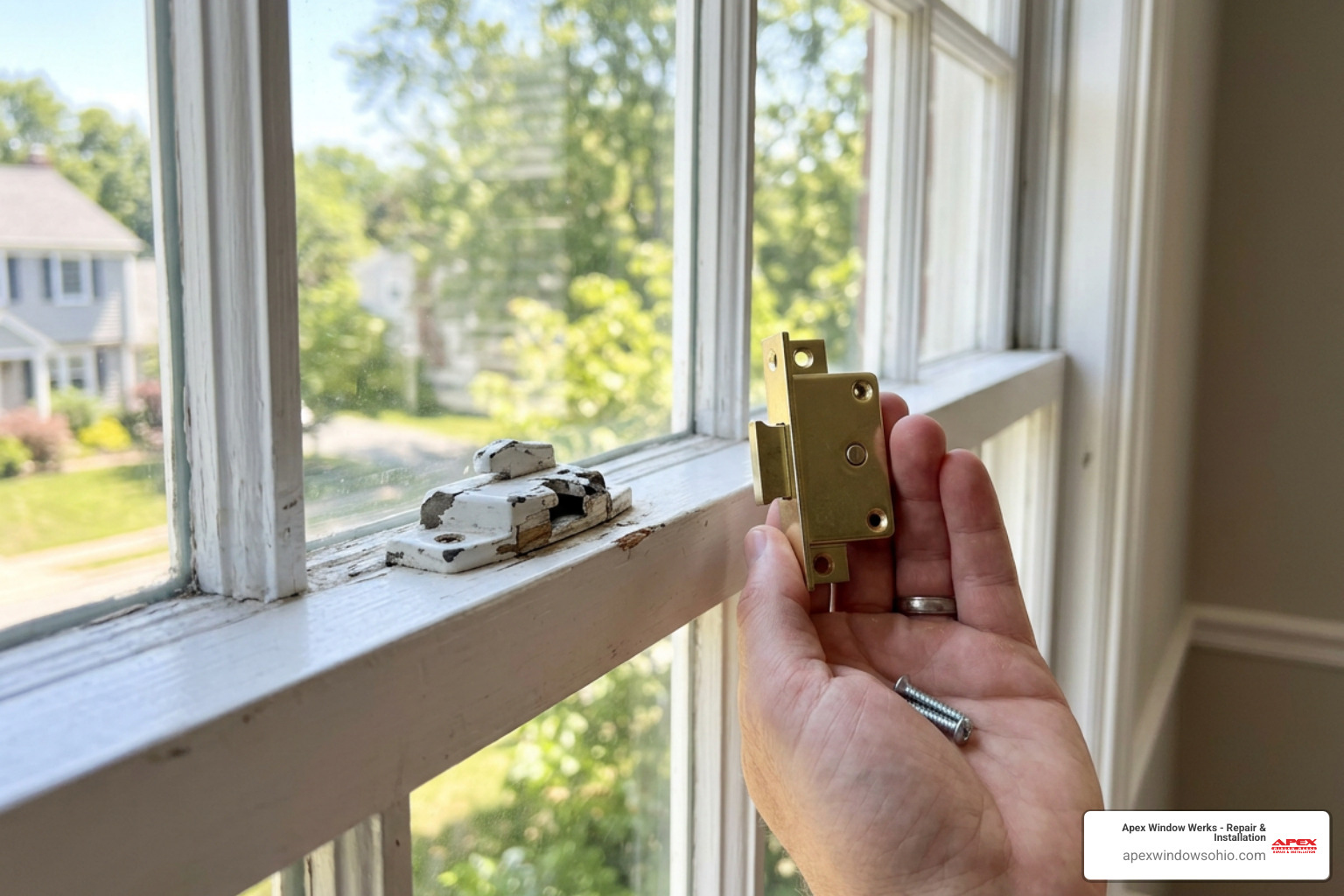 Replacing damaged sash lock on double-hung wood window frame in sunny room