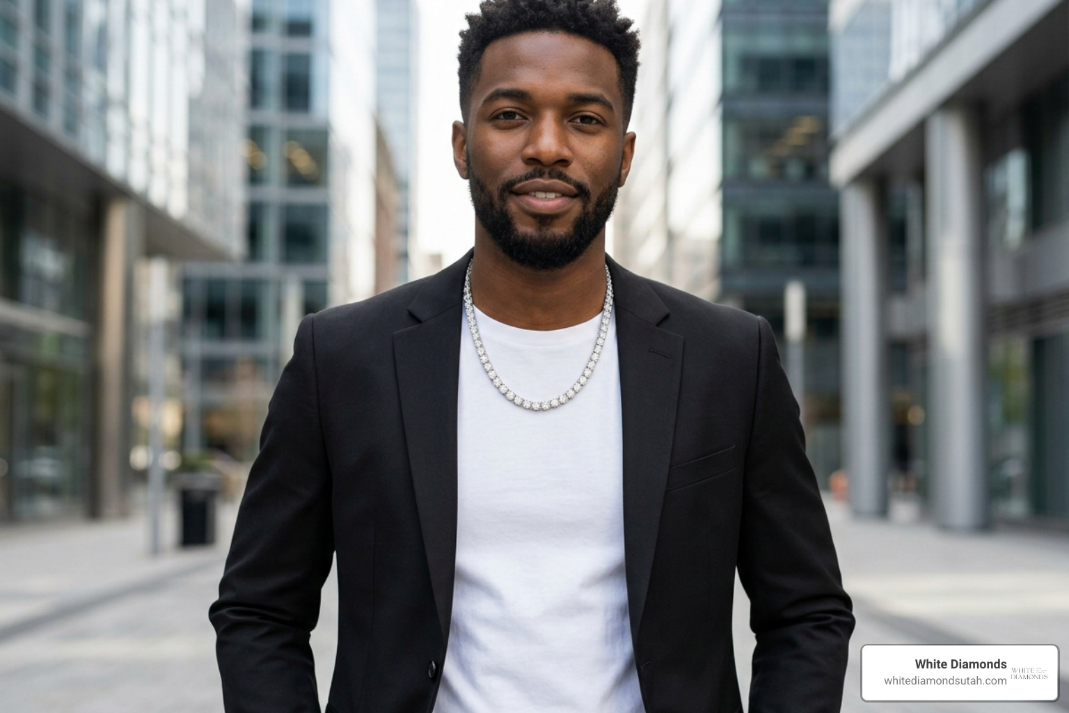 Model wearing a styled 20 pointer tennis chain layered with formal and casual wear Model wearing a styled 20 pointer tennis chain layered with formal and casual wear