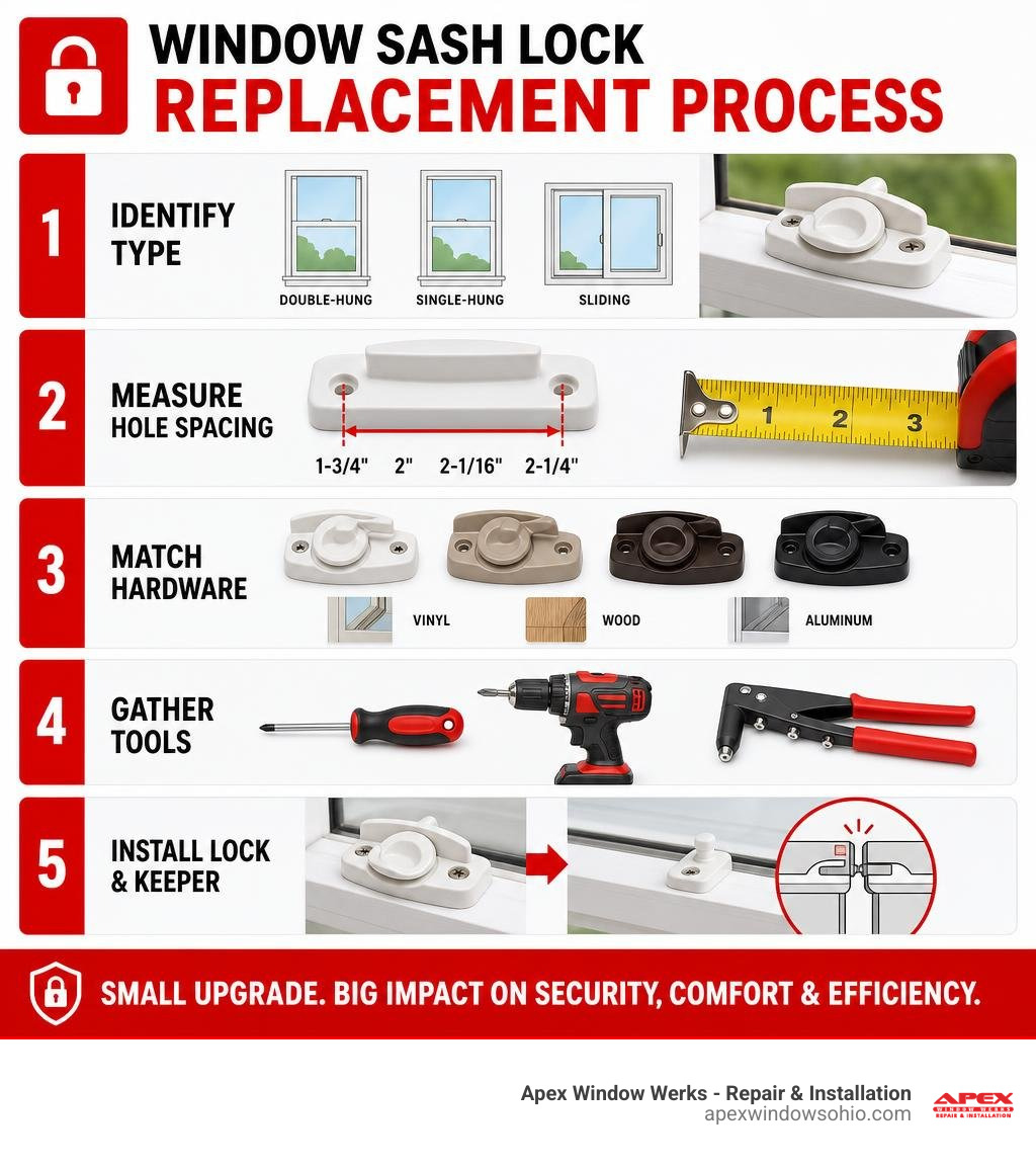 Window sash lock replacement process infographic: identify type, measure hole spacing, match hardware, install lock and