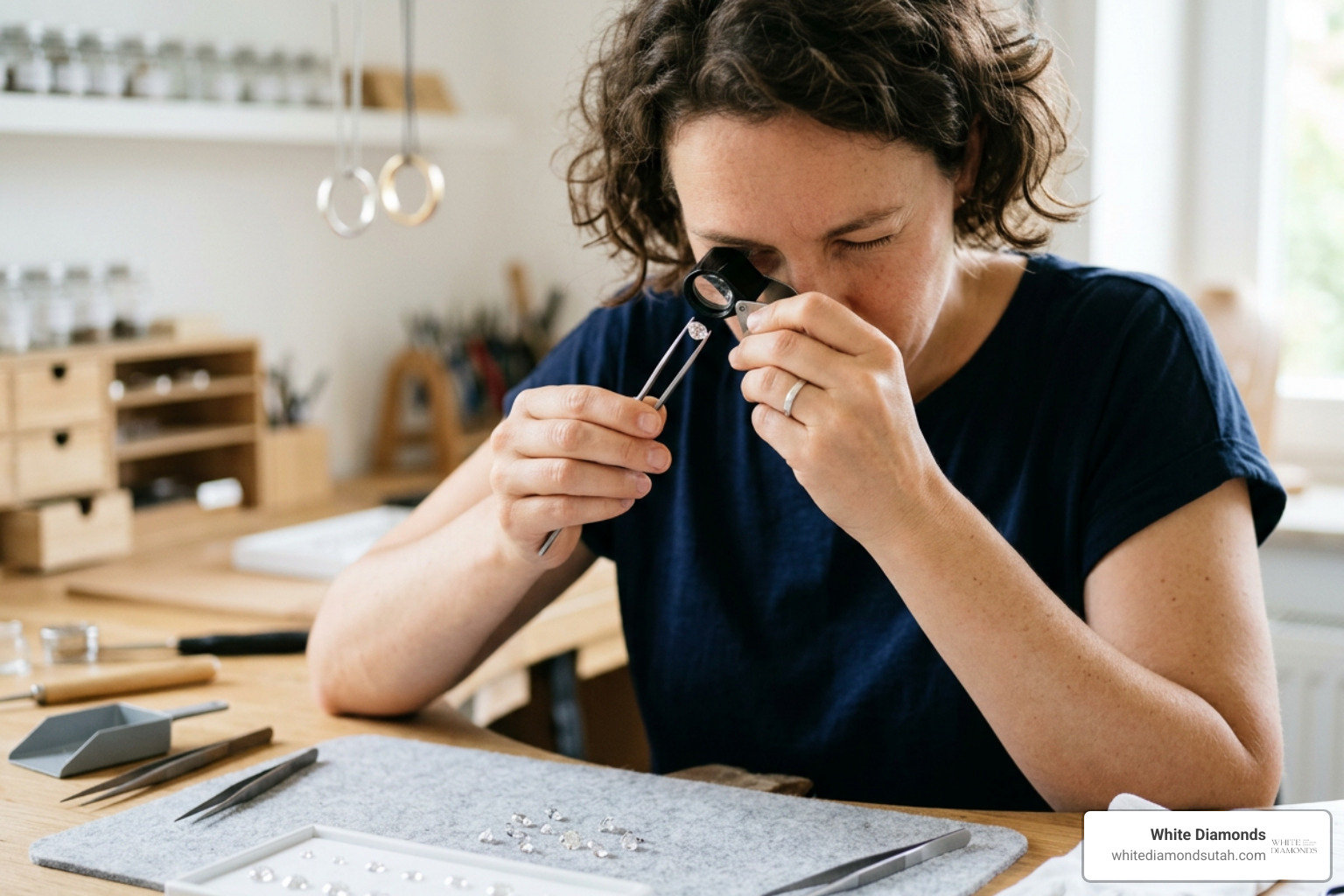 Inspecting diamond clarity and cut precision under a professional jeweler loupe Inspecting diamond clarity and cut precision under a professional jeweler loupe